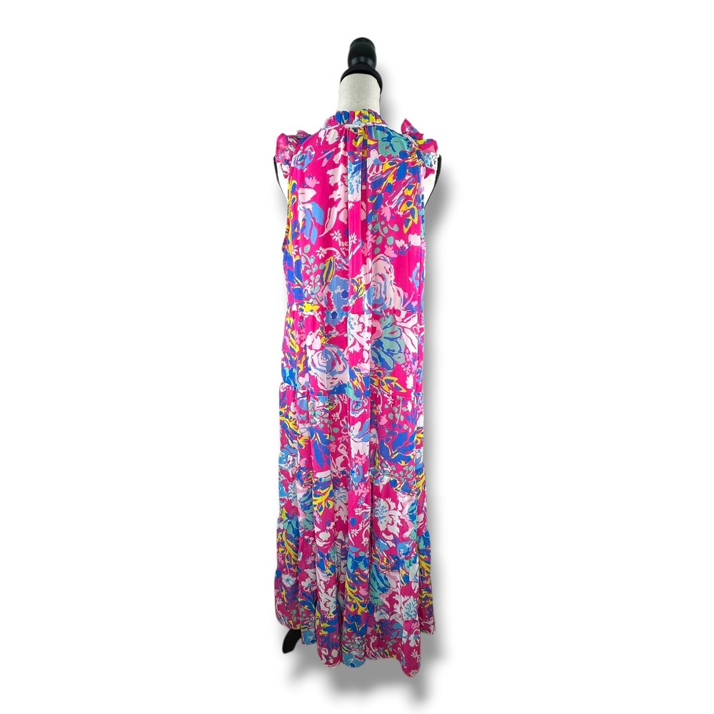 Mud Pie Womens Pink Floral Tiered Maxi Dress Sleeveless Ruffle Neck Large‎ L - Picture 3 of 14